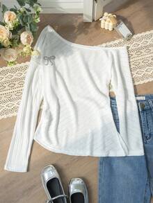 Street Style Christmas Spring/Summer Women Sexy Asymmetric Neck Striped Bow Long Sleeve Slit Fitted Knit Blouse - White - View 9