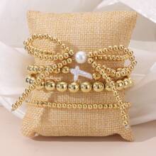 4/5/7/8pcs Simple Beaded Cross Faux Pearl Bow Bracelets Set, Women Vacation/Meet-Up/Birthday Gift, Daily Party & Casual Wear Accessory