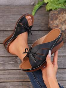 Sandalias de cuña con lazada y punta redonda para mujer, cómodas y ligeras, versátil, tacón de cuña negro casual para uso diario de verano