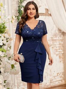 Plus V-Neck Sequin Lace Bodice Ruffle Hem Evening Party Bodycon Dress, Elegant Semi Formal Wedding Guest Dress, For Birthday, Graduation, Dinner Date - Navy Blue - View 7