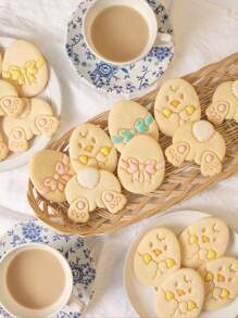 复活节饼干切具套装、复活节曲奇饼干切具、塑料糕点压模、兔子和小鸡形状、春季假日烘焙工具（图案：兔子屁股、复活节彩蛋和小鸡）