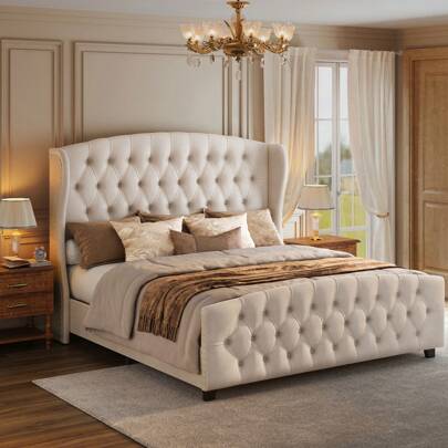 VASAGLE King Bed Frame With Tall Headboard, Upholstered Platform Bed Frame King Size, With Wingback Tufted Headboard And Footboard, Wooden Slats, No Box Spring Needed