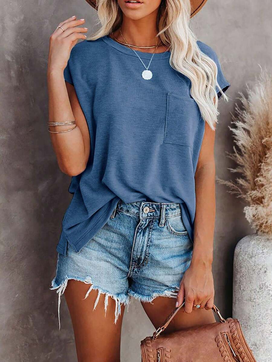 Women's Solid Color Batwing Sleeve T-Shirt Summer Loose Fit Casual Tops Pocket Patched Tee
