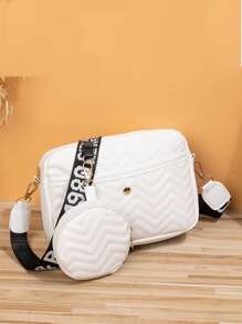New Design 2pcs/Set Women Shoulder Bag With Wide Strap, Printed Small Square Bag With Fashionable Wave Embroidery, Crossbody Bag With Coin Purse