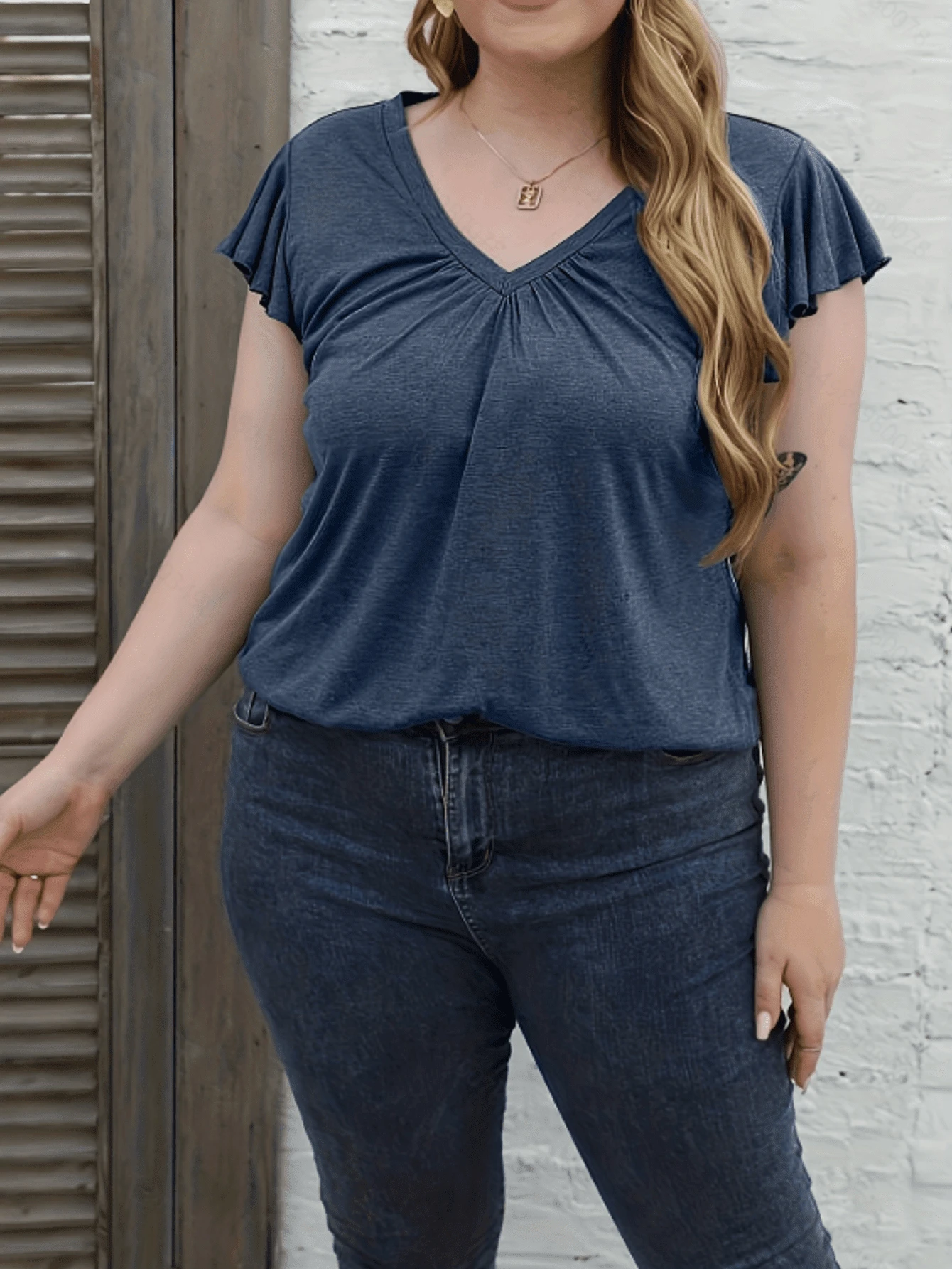 Blusa fluida de mujer de talla grande con cuello en V, cintura plisada y mangas plisadas - Azul - Ver 1