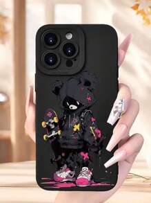 Simple Black Skateboard Bear Pattern Matte Phone Case, Compatible With IPhone 16 Pro Max/15 Pro Max/14 Pro Max/13 Pro Max/12 Pro Max/11 Pro Max/8 Plus/Mini - Black - View 3