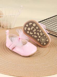 1 Pair Girls Bowknot PU Hook And Loop Design Flats, Shiny Casual Fashion Princess Shoes, Suitable For Spring & Autumn - Pink - View 2