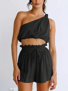  Womens 2 Piece Outfits Linen Matching Sets Two Piece Crop Tops And Paper Bag Waist Shorts Sets 2025 Summer Outfits - 黑色 - 查看 1