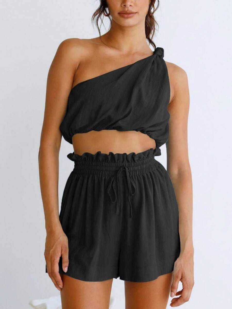  Womens 2 Piece Outfits Linen Matching Sets Two Piece Crop Tops And Paper Bag Waist Shorts Sets 2025 Summer Outfits - 黑色 - 查看 1