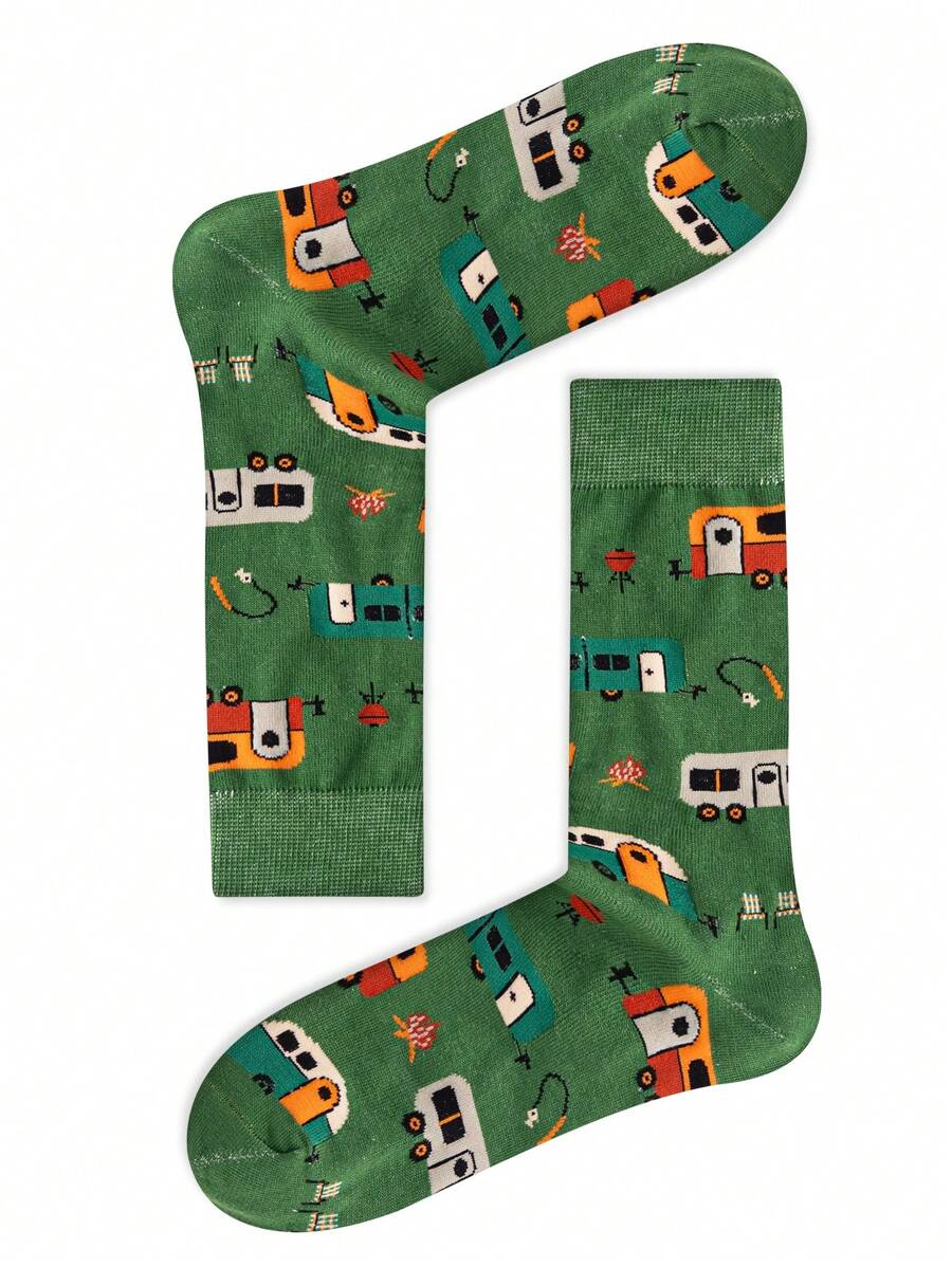 1 双时尚巴士图案中筒袜，适合所有季节的情侣款袜子，运动袜 - 彩色 - 查看 1