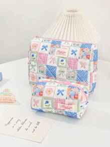 1Pc/Set Colorful Joint Grid Bow Flower Pattern Multifunctional Cosmetic Storage Organizer, Portable And Large Capacity Cosmetics Brush Storage Clutch With Zipper Closure For Lipstick, Brush, Skincare, Mobile Phone, Coin, Small Items, Travel Essentials Cruise Essentials Dorm Essentials,Mom Gifts,Birthday Gifts,Gifts For Friends And Teachers - Multicolor - View 6