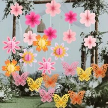 9 件手工制作的粉色纸花装饰，波西米亚风格蝴蝶挂饰用品，蜂窝花派对装饰，适用于生日、周年纪念、春季派对、婚礼装饰、纸花背景装饰、粉色花朵墙壁装饰、房间派对装饰