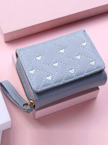 Furlong Lach 1 pieza Cartera corta de mujer con bordado en forma de corazón, cierre de cremallera versátil y sencillo, monedero con gran capacidad, cartera de mujer de tres pliegues con portador de tarjetas, mini cartera, cartera pequeña para mujer