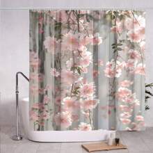 1 件花卉印花涤纶浴帘，防水数码印花带挂钩，可水洗编织面料，艺术设计，无需钻孔安装，装饰性浴室隔断 - 粉色花朵