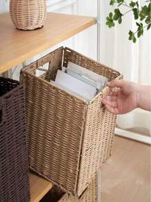 1pc Woven Storage Basket Foldable Bin Closet Organizer For Bedroom Bathroom Kitchen Living Room Decorative Container Handmade Rattan Wicker Basket Home Organization Solution Portable Foldable Design Space Saving Storage - Black - View 6
