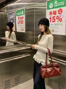 Women's Sweet Style White Polka Dot Long Sleeve T-Shirt, Ruffled Hem Slim Fit Layering Top, Lightweight Autumn Wear