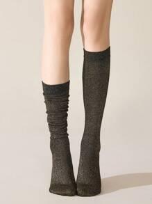 1 双女士过膝袜，多色闪亮金属线，舒适时尚大腿袜，适合春夏日常穿着