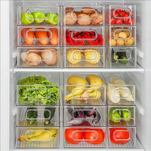 Caixas transparentes empilháveis para organização de refrigeradores, para armazenar produtos, alimentos, bebidas e vegetais em organizadores de refrigeradores