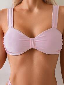 Shiny Fabric Drawstring Shorts, Sexy 2 Pieces Bikini Swimwear With Spaghetti Straps For Women, Holiday Beach Vacation - Pink - View 4