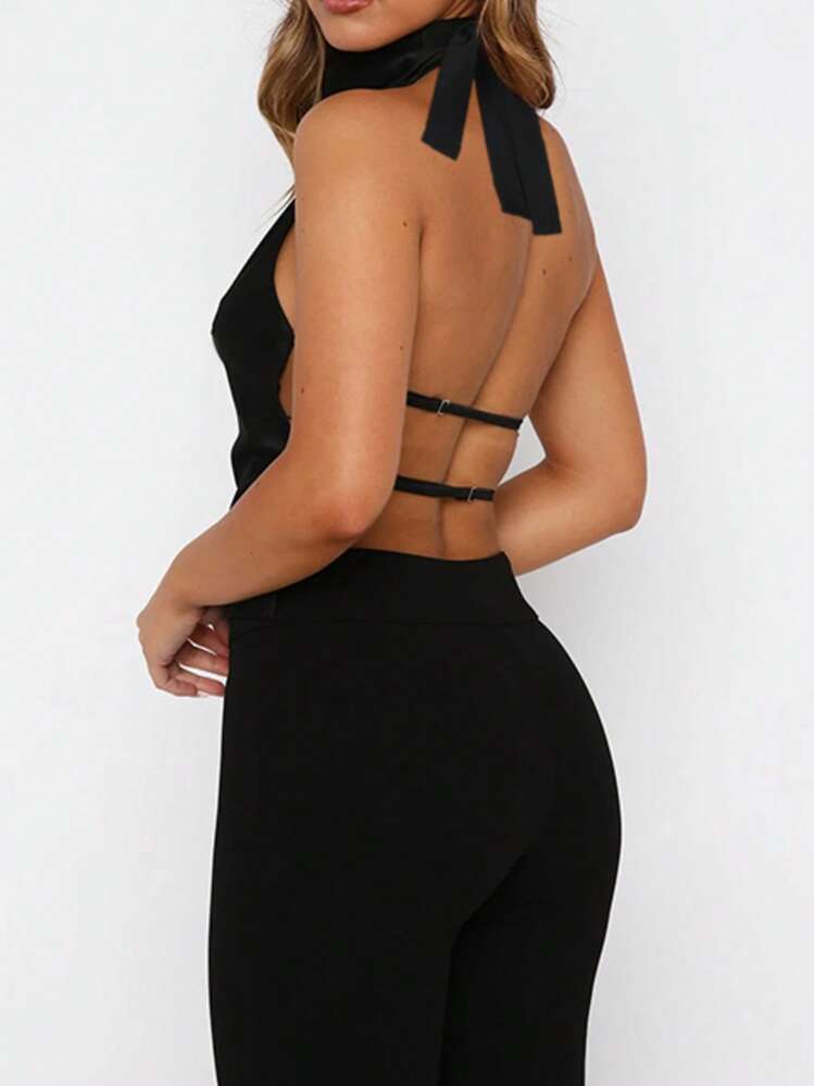 Blusa de satén con cuello halter y espalda descubierta para mujer WOWDARK, color negro, sexy y de moda, adecuada para el Día de San Valentín, citas, reuniones, fiestas, viajes, vacaciones, playa - Negro - Añade 5
