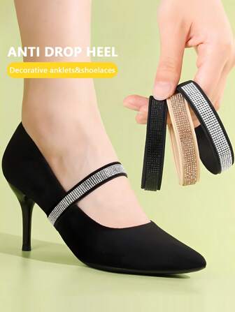Shoe Heel Non-Slip Sticker Accessory For Loafers, Flats, High Heels, Boat Shoes, Elastic Rhinestone Shoelace