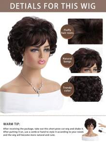 女士 10 英寸自然卷曲短棕色假发，带刘海，合成纤维，蓬松，适合日常佩戴、节日、万圣节服装、派对 - 彩色 - 查看 7
