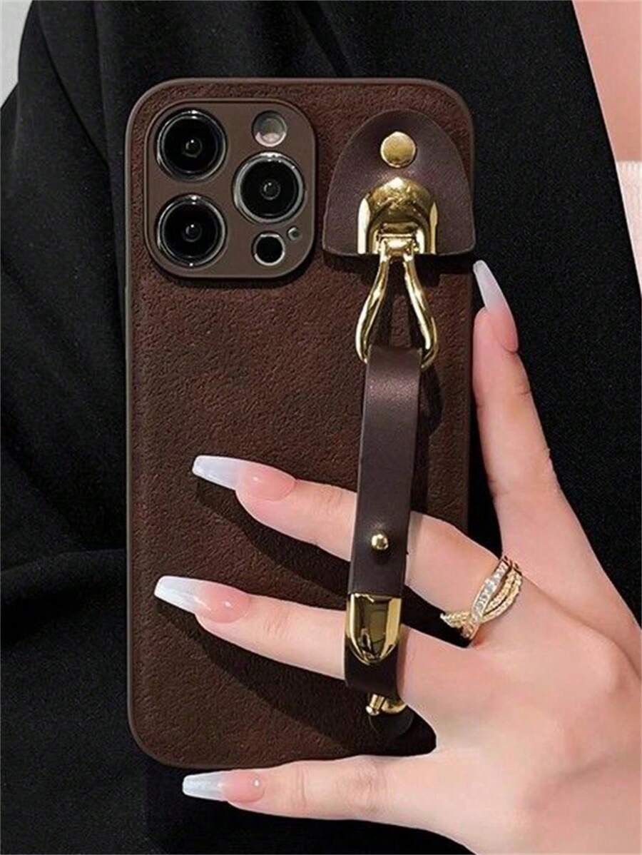 Luxury Crescent Pattern Wristband Brown Phone Case, Compatible With 17 Pro Max, 17 Pro, 17, 16, 15, 14, 13, 12, 11 Pro Max Plus, Elegant & Soft Back Cover For Women