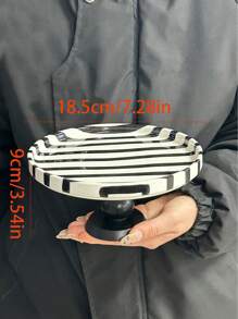 1pc Black & White Striped Ceramic Tray, Elegant Minimalist Vertical Striped Pedestal Dish, Storage Platter, Nut Dish, Cake Stand, Serving Platter, Suitable For Home, Party, Tea Gathering, Leisure, Commercial Decor, Gift