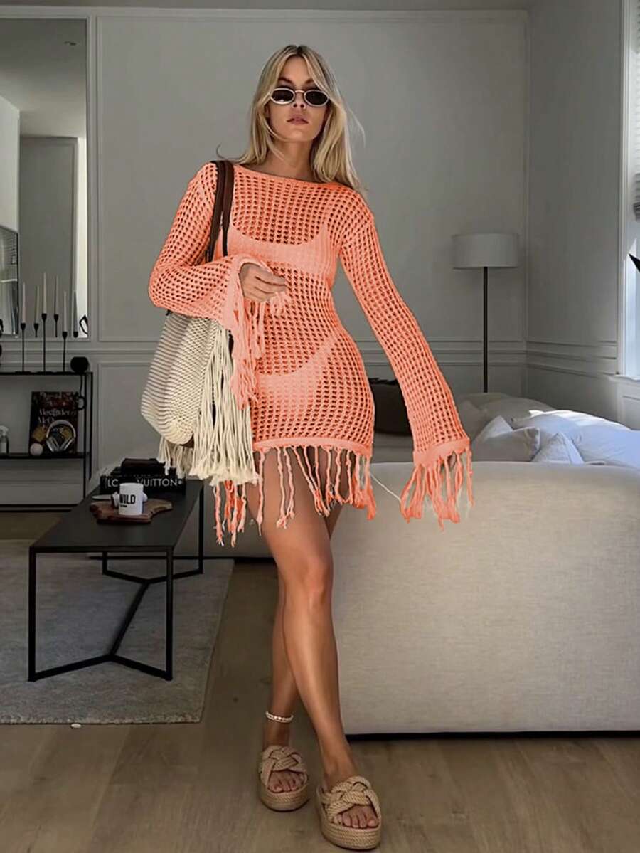 Korean Style Christmas Casual Boho Holiday Party Vintage Clothes Women Old Money Style Cute Airport Streetwear Country Concert Outfit Cosplay Halloween Costume Halloween 2025 Sexy Witch Costume Going Out Fall Women Clothes Back To School Clothes Y2K Country Concert Outfit Fall Dresses For Women Winter Outfit For Women Goth Steampunk Solid Color Round Neck Hollow Out Tassel Semi-Sheer Casual Versatile Knitted Dress - Coral Orange - View 1