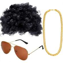 3pcs 50/60/70s Vintage Party Accessories, Suitable For Rock Theme And Disco Theme Parties, Including A Wig, Black/Brown/Gold Color Options, A Pair Of Gold Sunglasses, A Artificial Gold Chain. - Multicolor - View 9