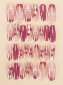 30 Pieces Of Chinese Style Coffin Shaped Pressed Fake Nail Patches, Gradient Butterfly Sweet French Style Women's Nail Patches, Fingertips, Matched With 1 Piece Of Jelly Glue And 1 Piece Of Rubbing Strip, Suitable For Women's Parties, Dances, Daily Casual Wear, Detachable And Reusable Wear Press On Nails
