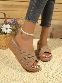 Women's Summer Criss-Cross Open Toe High Heel Casual Sandals With Hollow-Out Design, Thick Platform, Rhinestone Decor, Suitable For Outdoor Wear