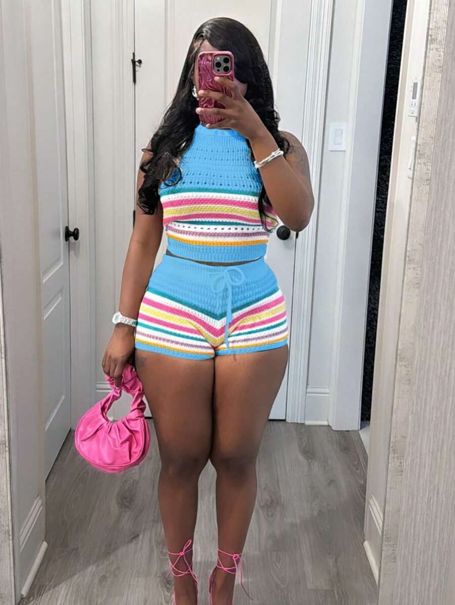 FOR BEAUTY 女士春夏季两件套服装，条纹拼色度假装，领带，修身针织毛衣，短款无袖上衣和臀部紧身女士短裤服装针织套装 - 藍色 - 查看 1