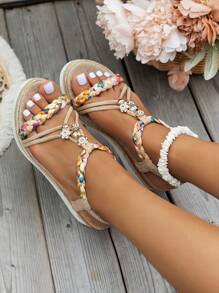 WRCVS Beige Women's Woven Strap Sandals, Summer Platform Wedge Heel, Handmade Beaded Braided Rope Sole, Lightweight Vacation Bohemian Style Elevated Outdoor Sandals