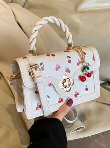 Burgundy Red,Anchor Red,Bordeaux Red,Ruby Red,Maroon,Crimson,Cherry Color Burgundy Fashionable High-End Ladies Square-Shaped PU Handbag, Multifunctional Cute Cherry Printed Shoulder Bag, Suitable For Shopping, Dating, Crossbody Bag For Girls, Kawaii Cherry Elements - Multicolor - View 8