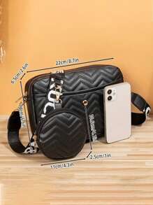 New Design 2pcs/Set Women Shoulder Bag With Wide Strap, Printed Small Square Bag With Fashionable Wave Embroidery, Crossbody Bag With Coin Purse