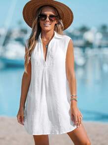 Beach-Chic Oversized Mini Dress | Airy Sleeveless Design With Statement Collar & Flow Vacation Silhouette - White - View 5