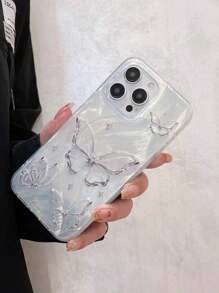 1pc Luxurious Butterfly Pattern Phone Case, Compatible With IPhone 16 15 14 13 12 11 Pro Max 14 15 16 Plus, Velvet Gradient Shockproof Phone Cover - Silver - View 2