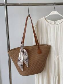 Simple Large-Capacity Contrast Color Woven Tote Bag For Women, Portable Shoulder Handbag Suitable For Vacation And Travel, Perfectly Matching With Vacation Outfits Women - Brown - View 4