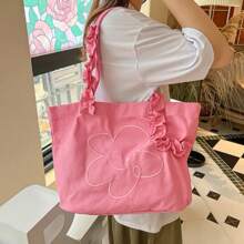 Lace Shoulder Bag, Lace Canvas Shopping Bag, Women's Smiling Face Ruffled Lace Canvas Bag, Floral Embroidery Tote Bag - 彩色 - 查看 1