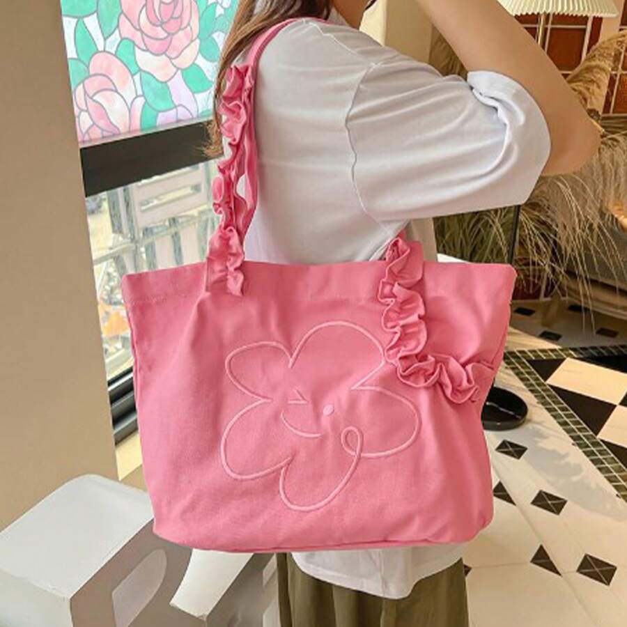 Lace Shoulder Bag, Lace Canvas Shopping Bag, Women's Smiling Face Ruffled Lace Canvas Bag, Floral Embroidery Tote Bag - 彩色 - 查看 1