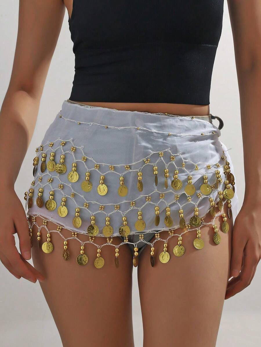 1pc Belly Dance Waist Chain, Metal Mesh Waist Skirt Decor, Coin Decorated Waist Belt, Dance Waist Sash, Boho Style - White - View 1