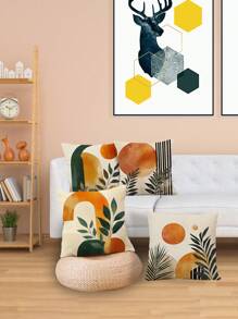 Gói 4 vỏ gối trang trí họa tiết hình học và cây xanh hiện đại theo phong cách Bohemian, kích thước 18x18 inch, Polyester mềm, có thể giặt bằng máy, khóa kéo, vỏ gối trang trí cho gia đình, văn phòng và tiệc tùng, phù hợp với nhiều loại phòng - 100% Polyester - Nhiều màu - Xem 1