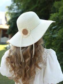 1pc Women Flower Decor Boho Sunflower Straw Hat, For Beach Foldable Beach Hats For Women, Embroidered Floppy Hats For Women Beach, Vacation, Cruise, Honeymoon, - A - View 13
