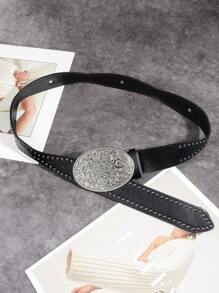 新款时尚复古雕花图案腰带，简约风格黑色牛仔裤装饰配饰