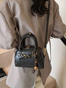 Vintage Black Handbag For Women, Tote Bowling Bag Style, New Fashion , Adjustable Strap Design, Casual Shoulder Crossbody Bag, Knot Decor, Suitable For Mobile Phone & Coins, Valentine's Day Gift - 黑色 - 查看 4