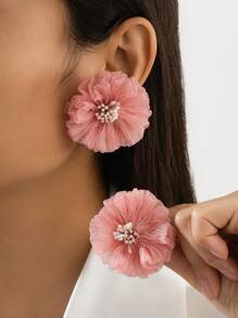1 对时尚百搭夏季花卉面纱耳钉，适合女士日常佩戴 - 卡其色 - 查看 1