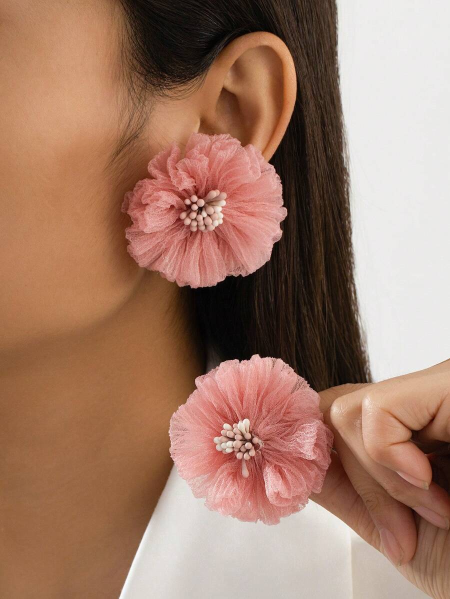 1 对时尚百搭夏季花卉面纱耳钉，适合女士日常佩戴 - 卡其色 - 查看 1