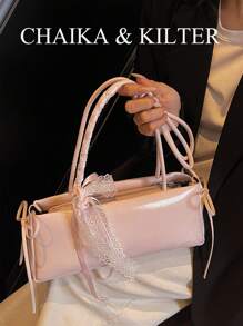 CHAIKA & KILTER 1 件亮面 PU 皮革单肩包，女士时尚法棍包，双手柄，拉链开合，蕾丝蝴蝶结装饰，适合日常购物和通勤（随围巾出售）