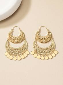 1 Par de Pendientes colgantes de metal con diseño floral geométrico hueco de estilo vintage y flecos exagerados para mujeres, estilo bohemio
